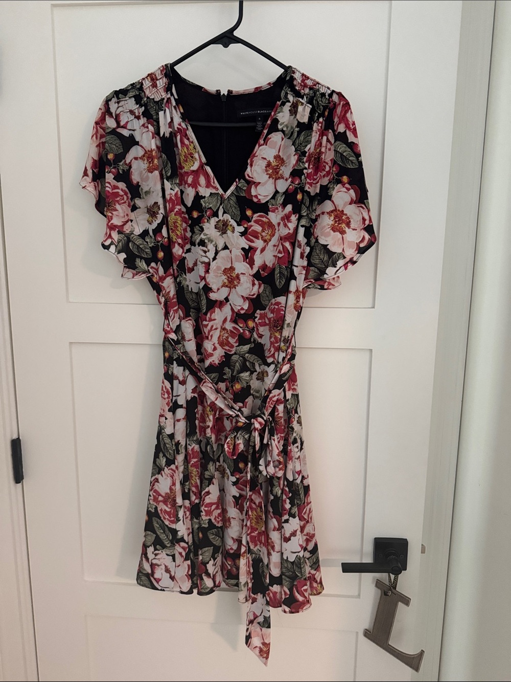 White House Black Market Black Floral Mini Wrap Dress with Pink Blooms